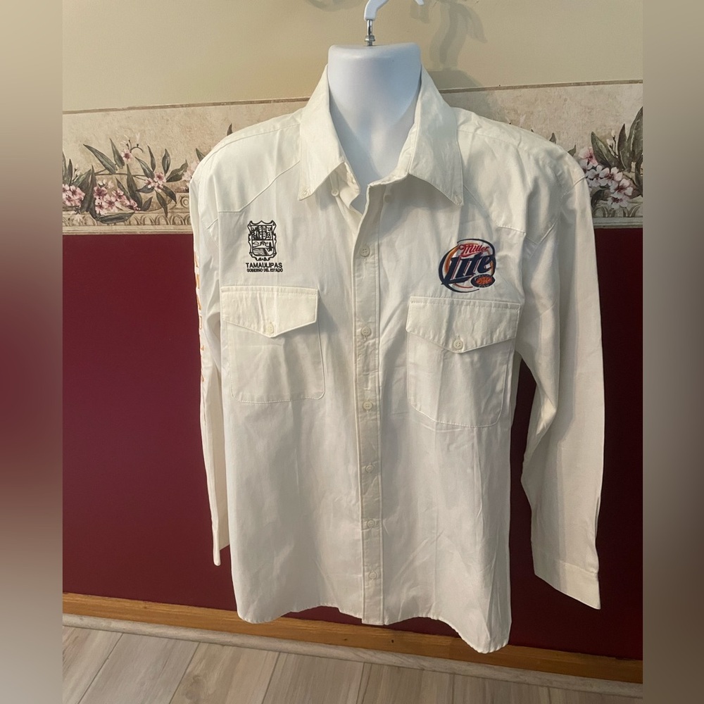 White Logo Patch Long-Sleeve Button-Down Shirt